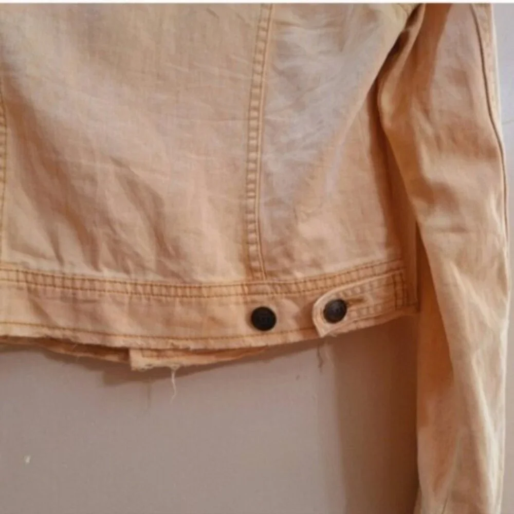 Free People Cotton Yellow Mustard  Distressed  Denim Jean Jacket Sz 8 Boho - Picture 4 of 5
